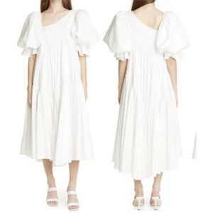 Aje White Puff-Sleeve Midi Dress with Asymmetrical Neckline